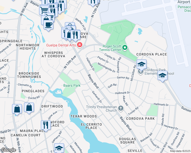 map of restaurants, bars, coffee shops, grocery stores, and more near 1911 Hallmark Drive in Pensacola