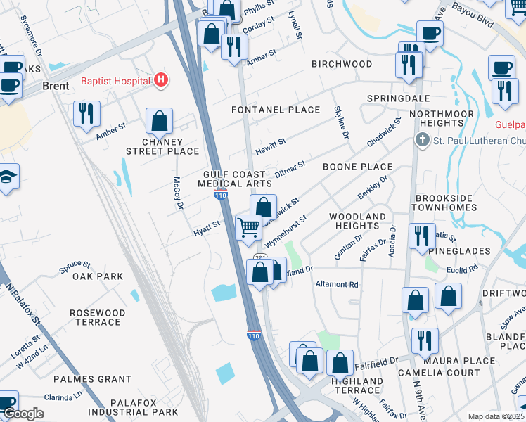 map of restaurants, bars, coffee shops, grocery stores, and more near 4412 North Davis Highway in Pensacola