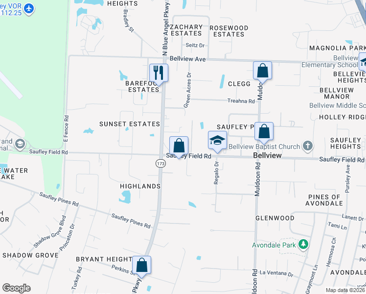 map of restaurants, bars, coffee shops, grocery stores, and more near 5418 Saufley Field Road in Pensacola