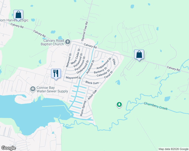 map of restaurants, bars, coffee shops, grocery stores, and more near 10013 Calendar Street in Willis