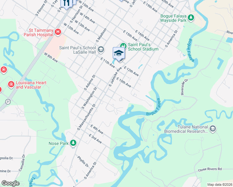 map of restaurants, bars, coffee shops, grocery stores, and more near 504 East Guidry Street in Covington