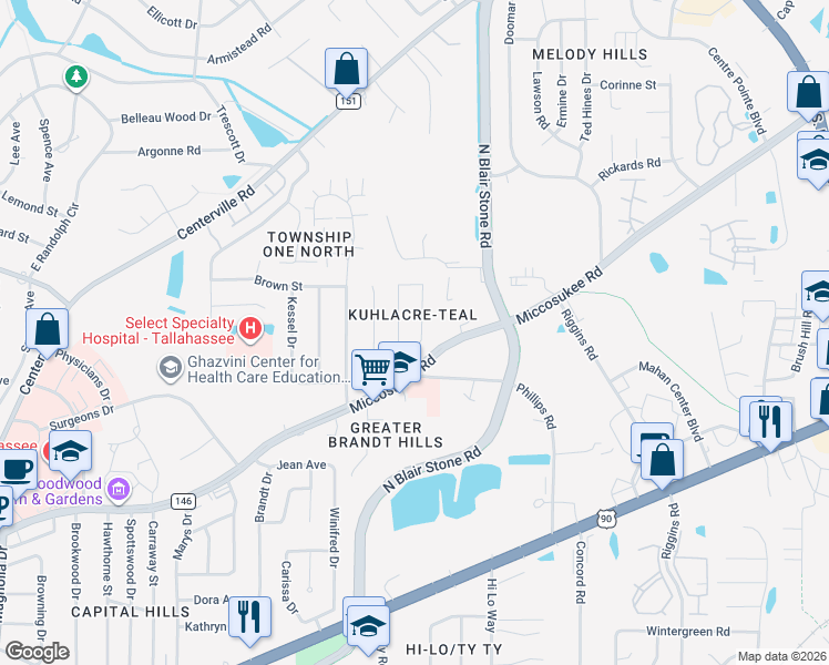 map of restaurants, bars, coffee shops, grocery stores, and more near 505 Teal Lane in Tallahassee