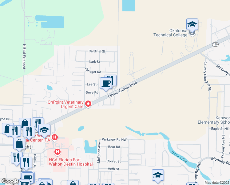map of restaurants, bars, coffee shops, grocery stores, and more near 81 Roberts Road in Fort Walton Beach