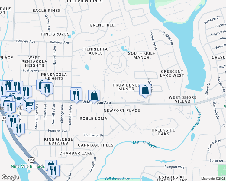 map of restaurants, bars, coffee shops, grocery stores, and more near 5755 Tryton Circle in Pensacola