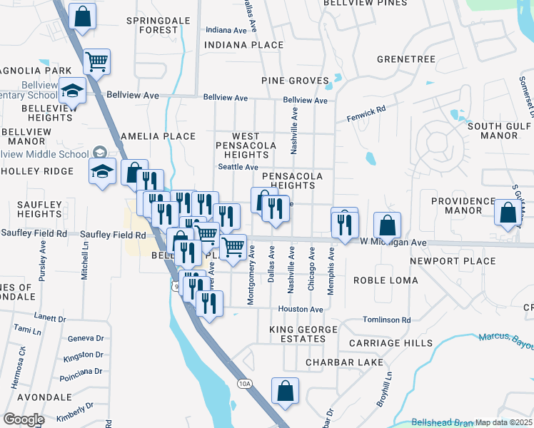 map of restaurants, bars, coffee shops, grocery stores, and more near 6021 Dallas Avenue in Pensacola