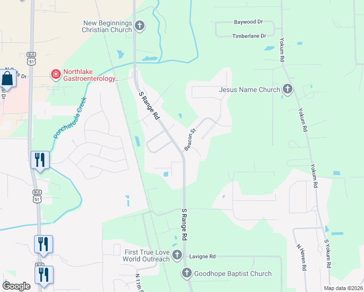 map of restaurants, bars, coffee shops, grocery stores, and more near 42052 South Range Road in Ponchatoula