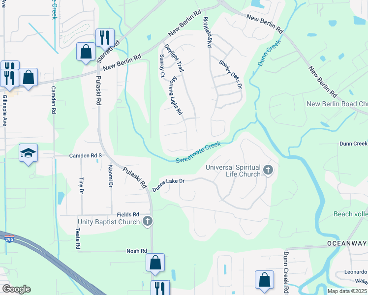 map of restaurants, bars, coffee shops, grocery stores, and more near 923 Morning Light Road in Jacksonville