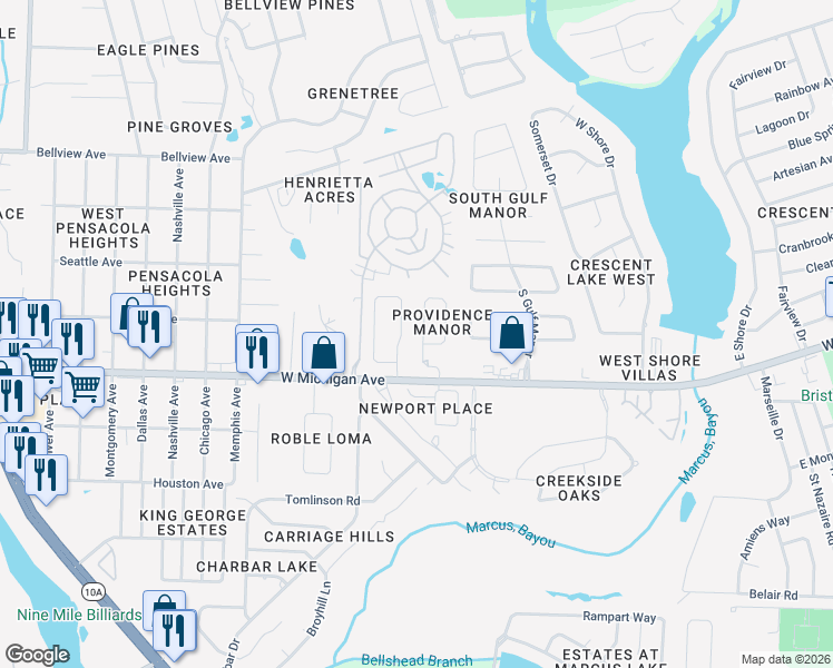 map of restaurants, bars, coffee shops, grocery stores, and more near 5839 Providence Loop in Pensacola