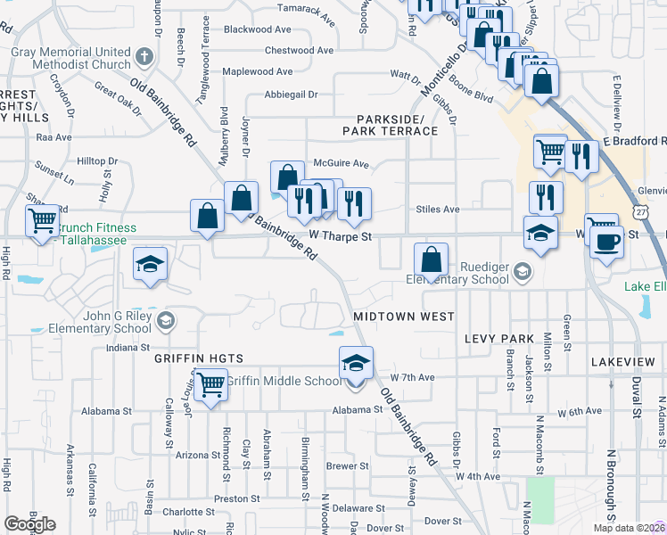 map of restaurants, bars, coffee shops, grocery stores, and more near 1630 Old Bainbridge Rd in Tallahassee