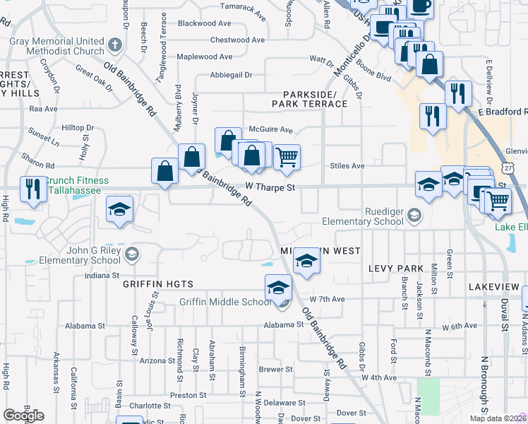 map of restaurants, bars, coffee shops, grocery stores, and more near 1630 Old Bainbridge Rd in Tallahassee
