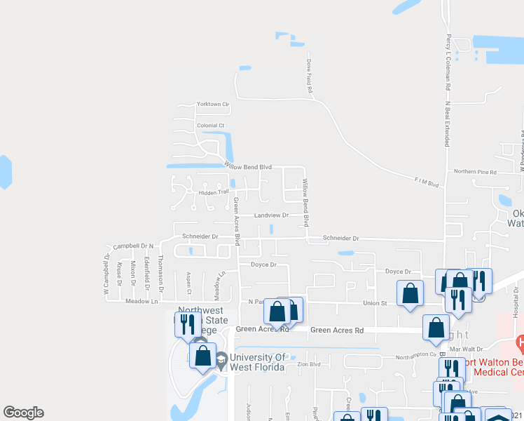 map of restaurants, bars, coffee shops, grocery stores, and more near 515 Landview Drive in Fort Walton Beach