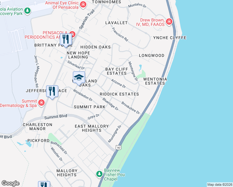 map of restaurants, bars, coffee shops, grocery stores, and more near 3510 Brookshire Drive in Pensacola