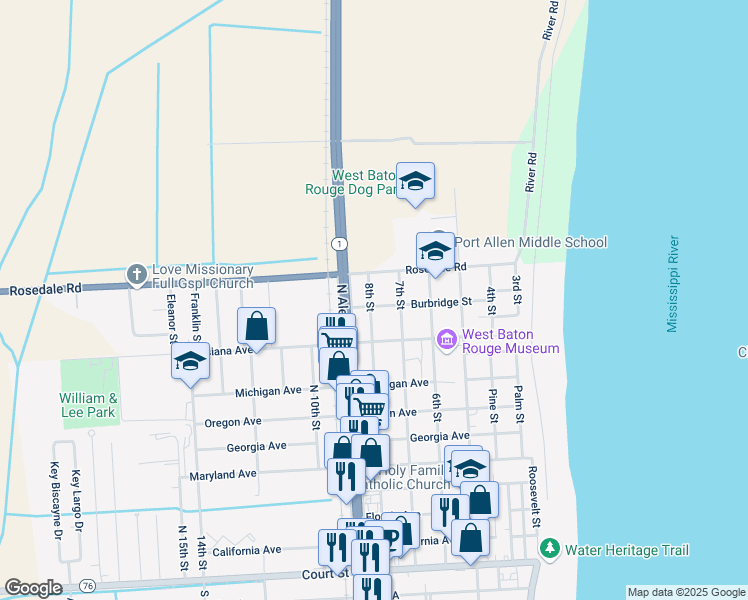 map of restaurants, bars, coffee shops, grocery stores, and more near 860 Burbridge Street in Port Allen