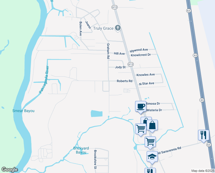 map of restaurants, bars, coffee shops, grocery stores, and more near 8317 Barron Road in Moss Point