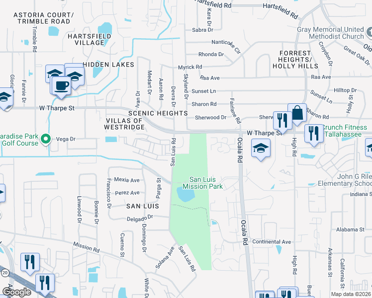 map of restaurants, bars, coffee shops, grocery stores, and more near 1555 San Luis Road in Tallahassee