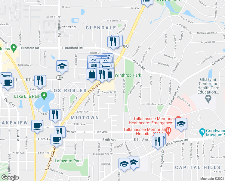 map of restaurants, bars, coffee shops, grocery stores, and more near 743 Gwen Street in Tallahassee