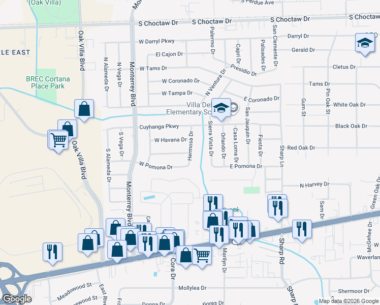 map of restaurants, bars, coffee shops, grocery stores, and more near 1400 Hermosa Drive in Baton Rouge