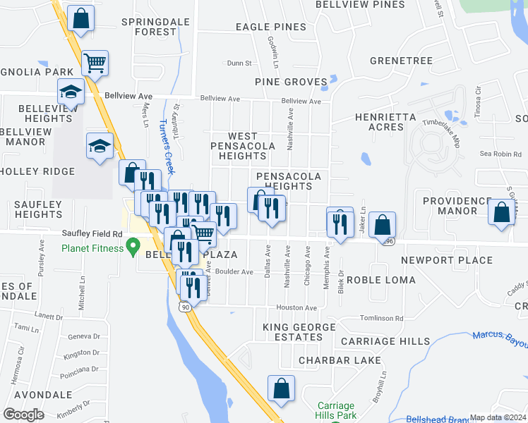 map of restaurants, bars, coffee shops, grocery stores, and more near 6025 Dallas Avenue in Pensacola