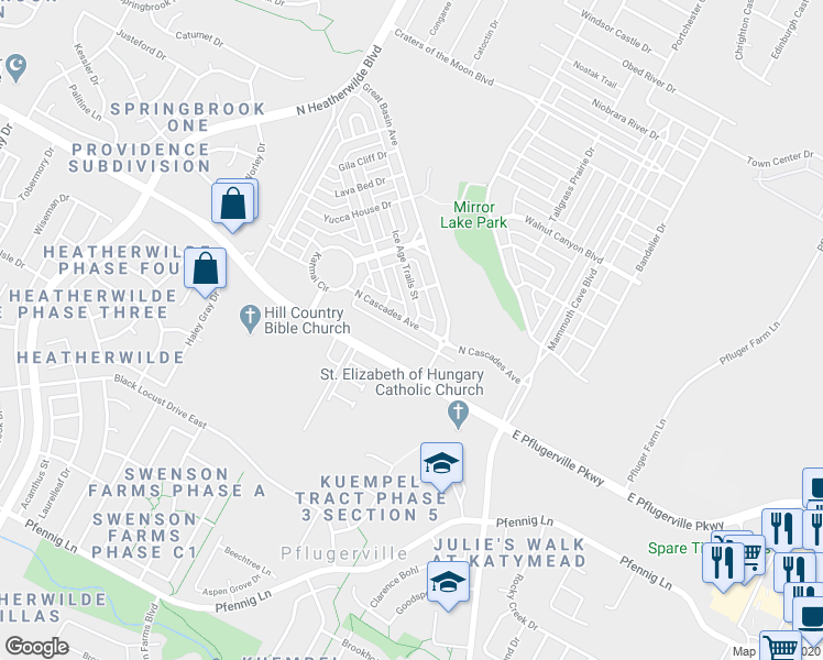 map of restaurants, bars, coffee shops, grocery stores, and more near 521 North Cascades Avenue in Pflugerville