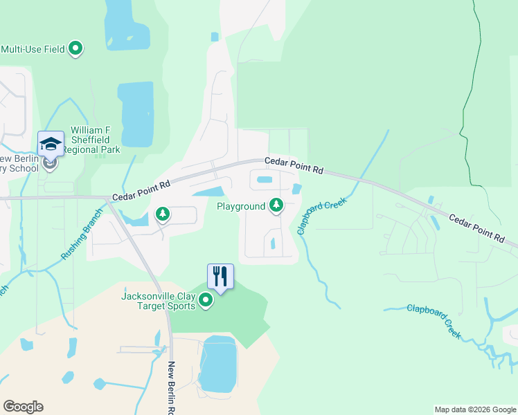 map of restaurants, bars, coffee shops, grocery stores, and more near 12581 Itani Way in Jacksonville