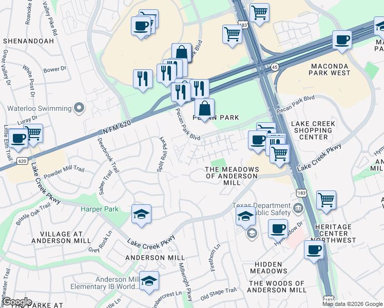 map of restaurants, bars, coffee shops, grocery stores, and more near 10901 Vetters in Austin