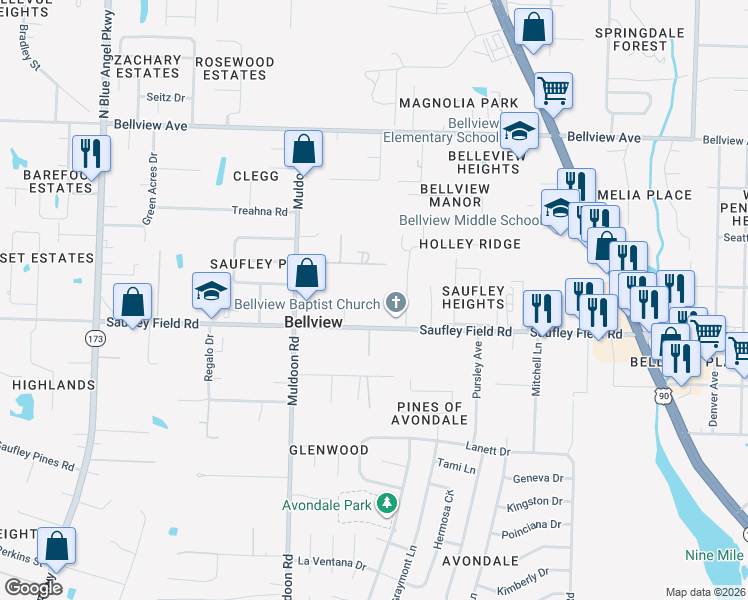 map of restaurants, bars, coffee shops, grocery stores, and more near 4818 Saufley Field Road in Pensacola