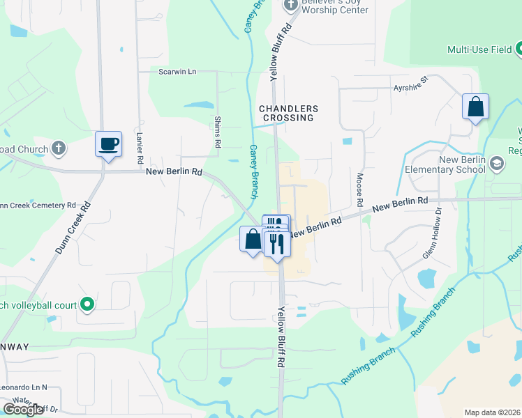map of restaurants, bars, coffee shops, grocery stores, and more near 3029 New Berlin Road in Jacksonville