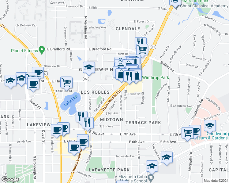 map of restaurants, bars, coffee shops, grocery stores, and more near 1536 Colonial Drive in Tallahassee