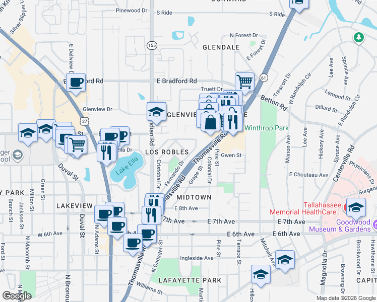 map of restaurants, bars, coffee shops, grocery stores, and more near 328 Cortez Street in Tallahassee