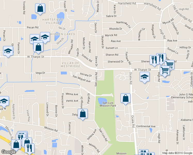 map of restaurants, bars, coffee shops, grocery stores, and more near 1541 San Luis Road in Tallahassee