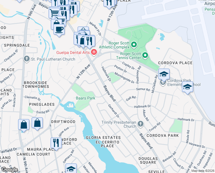 map of restaurants, bars, coffee shops, grocery stores, and more near 1911 Hallmark Drive in Pensacola