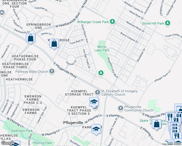 map of restaurants, bars, coffee shops, grocery stores, and more near 617 North Cascades Avenue in Pflugerville