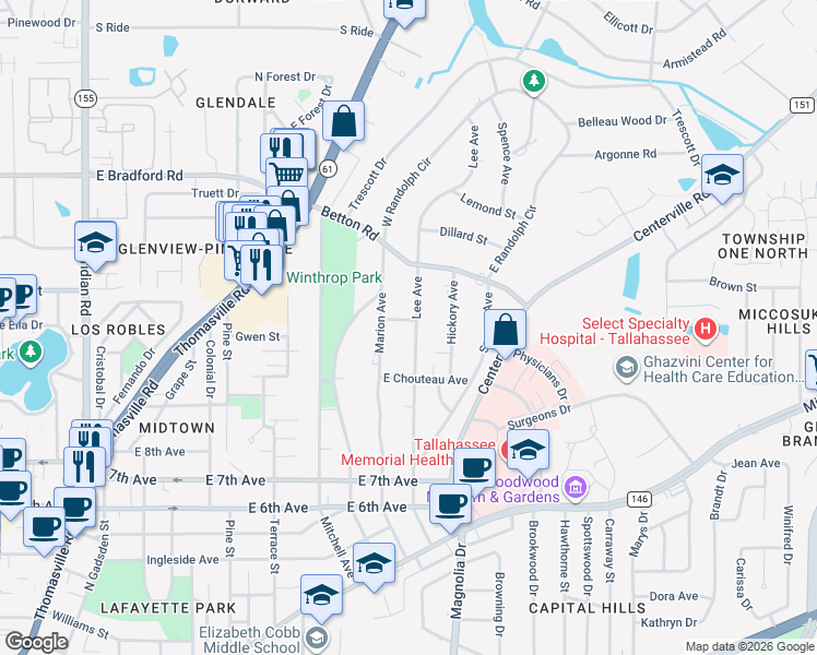 map of restaurants, bars, coffee shops, grocery stores, and more near 1548 Lee Avenue in Tallahassee