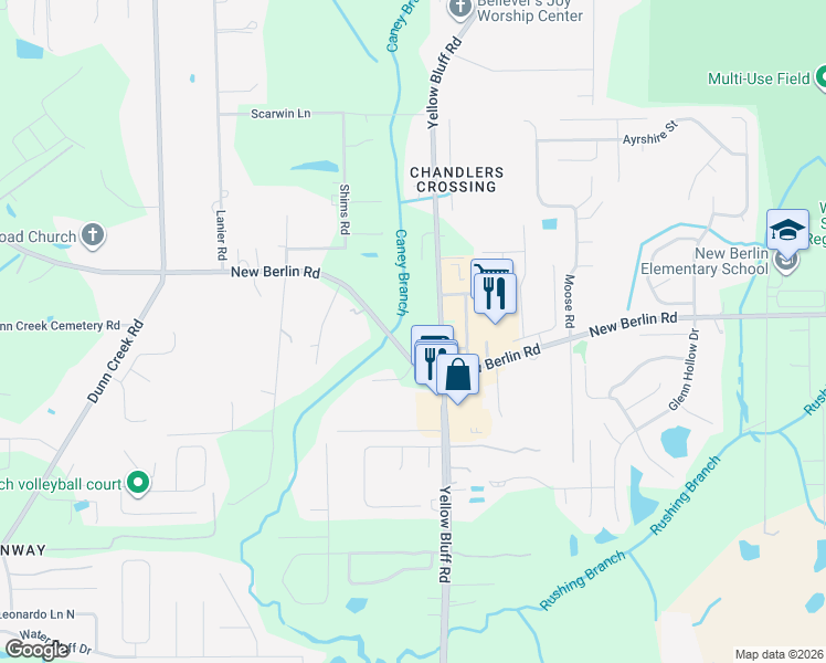 map of restaurants, bars, coffee shops, grocery stores, and more near 3029 New Berlin Road in Jacksonville