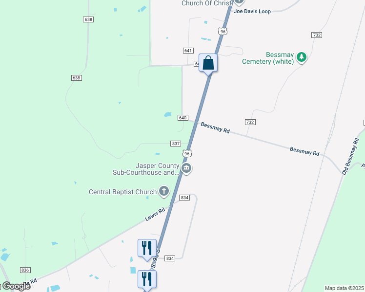 map of restaurants, bars, coffee shops, grocery stores, and more near 647 County Road 791 in Buna