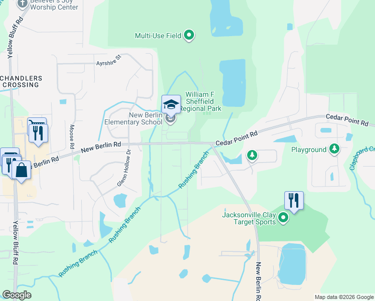 map of restaurants, bars, coffee shops, grocery stores, and more near 12282 Black Walnut Court in Jacksonville