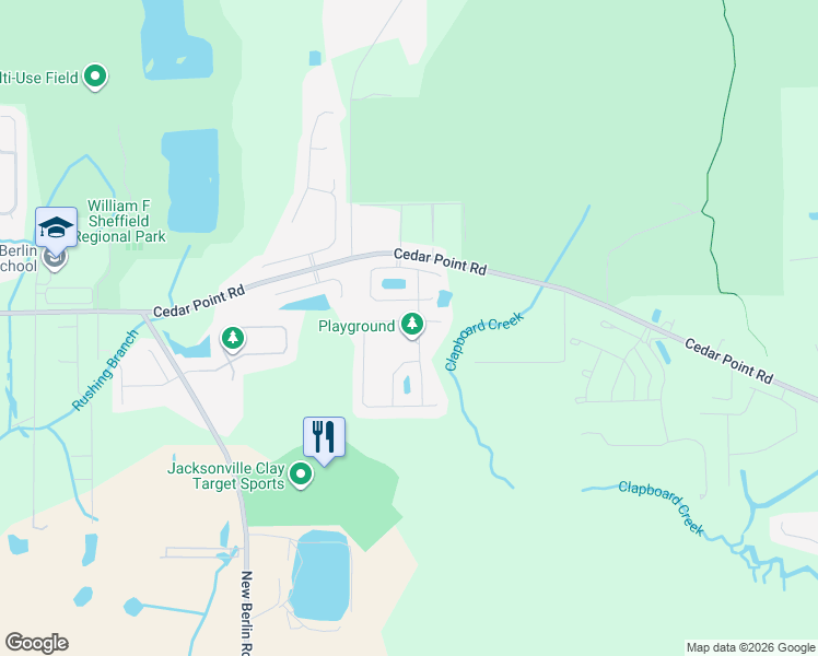 map of restaurants, bars, coffee shops, grocery stores, and more near 12581 Itani Way in Jacksonville
