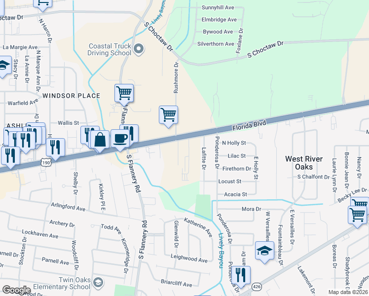 map of restaurants, bars, coffee shops, grocery stores, and more near 13984 Florida Boulevard in Baton Rouge