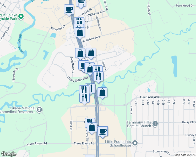 map of restaurants, bars, coffee shops, grocery stores, and more near 1958 North Highway 190 in Covington