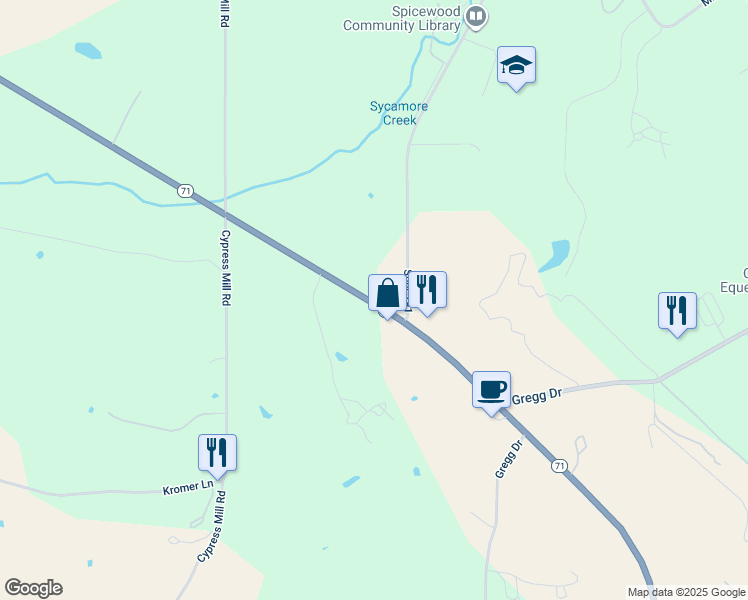 map of restaurants, bars, coffee shops, grocery stores, and more near 9414 State Highway 71 in Spicewood