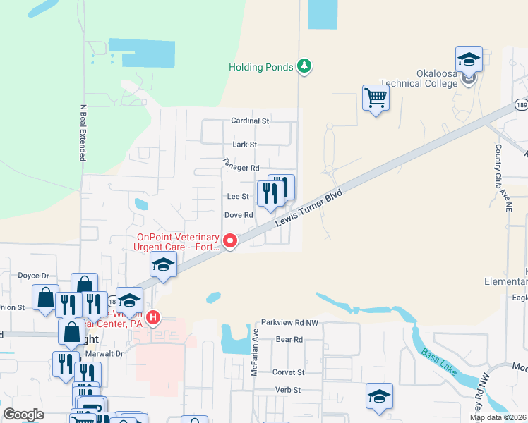map of restaurants, bars, coffee shops, grocery stores, and more near 1176 Forest Heights Road in Fort Walton Beach
