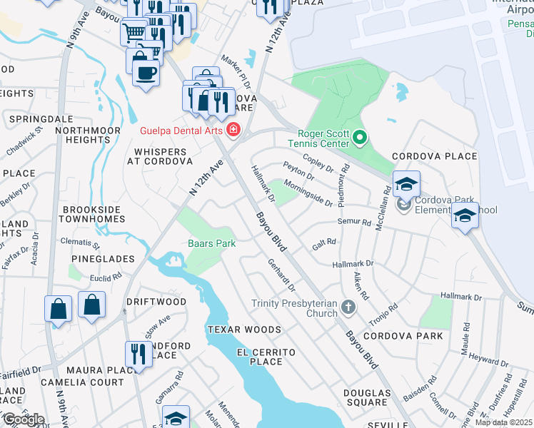 map of restaurants, bars, coffee shops, grocery stores, and more near 1911 Hallmark Drive in Pensacola