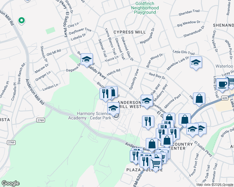 map of restaurants, bars, coffee shops, grocery stores, and more near 3211 Blazing Star Trail in Cedar Park