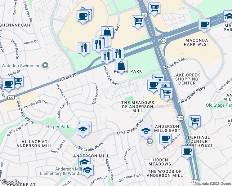 map of restaurants, bars, coffee shops, grocery stores, and more near 10804 Midnight Court in Austin