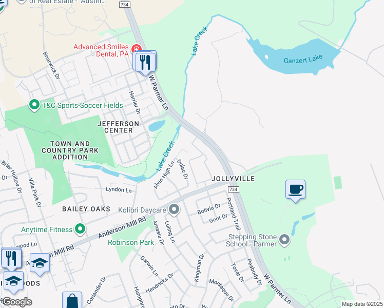 map of restaurants, bars, coffee shops, grocery stores, and more near 8551 Alvin High Lane in Austin