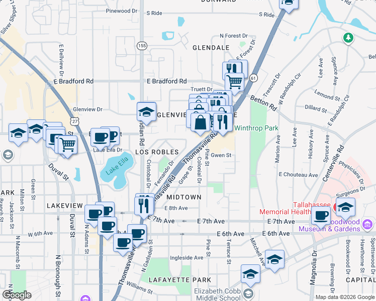 map of restaurants, bars, coffee shops, grocery stores, and more near 1536 Colonial Drive in Tallahassee