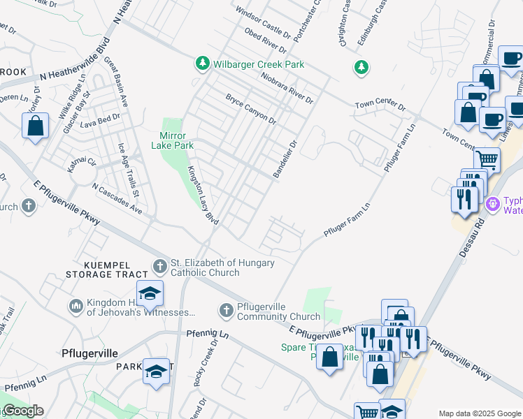 map of restaurants, bars, coffee shops, grocery stores, and more near 18201 Bandelier Drive in Pflugerville