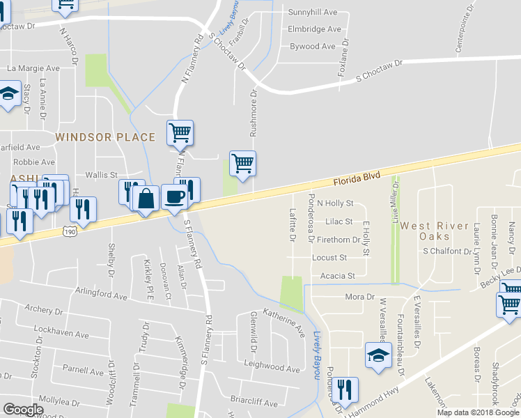 map of restaurants, bars, coffee shops, grocery stores, and more near 13984 Florida Boulevard in Baton Rouge
