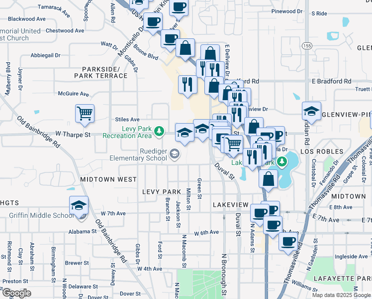 map of restaurants, bars, coffee shops, grocery stores, and more near 526 West 10th Avenue in Tallahassee