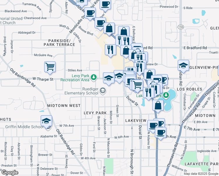 map of restaurants, bars, coffee shops, grocery stores, and more near 401 West Tharpe Street in Tallahassee